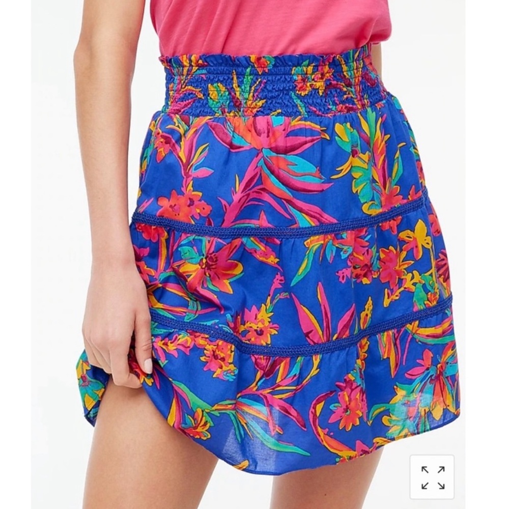 J.CREW Factory Blue Tropical Print Smocked Waist Tiered Mini Skirt Size XXS